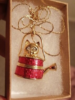 Cat in A Red Watering Can  Pendant Vintage Necklace 16" Long In A Gift Box